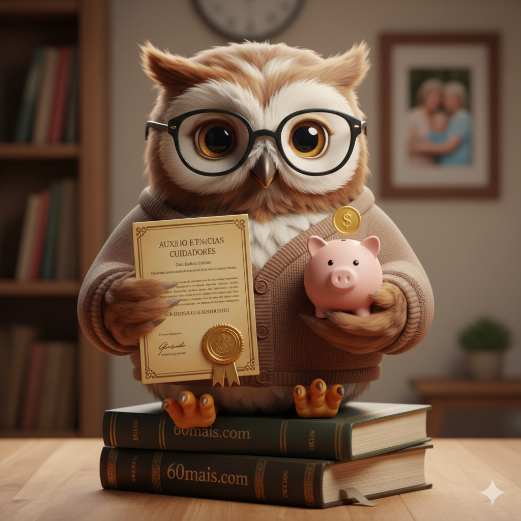 "Coruja mascote 60mais informando sobre auxílio para filhos cuidadores".