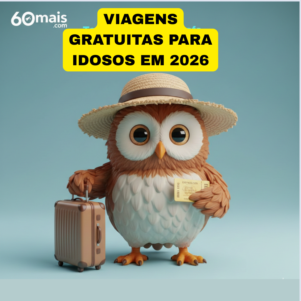 "Coruja mascote do Portal 60mais com chapéu e mala, representando viagens gratuitas para idosos em 2026"