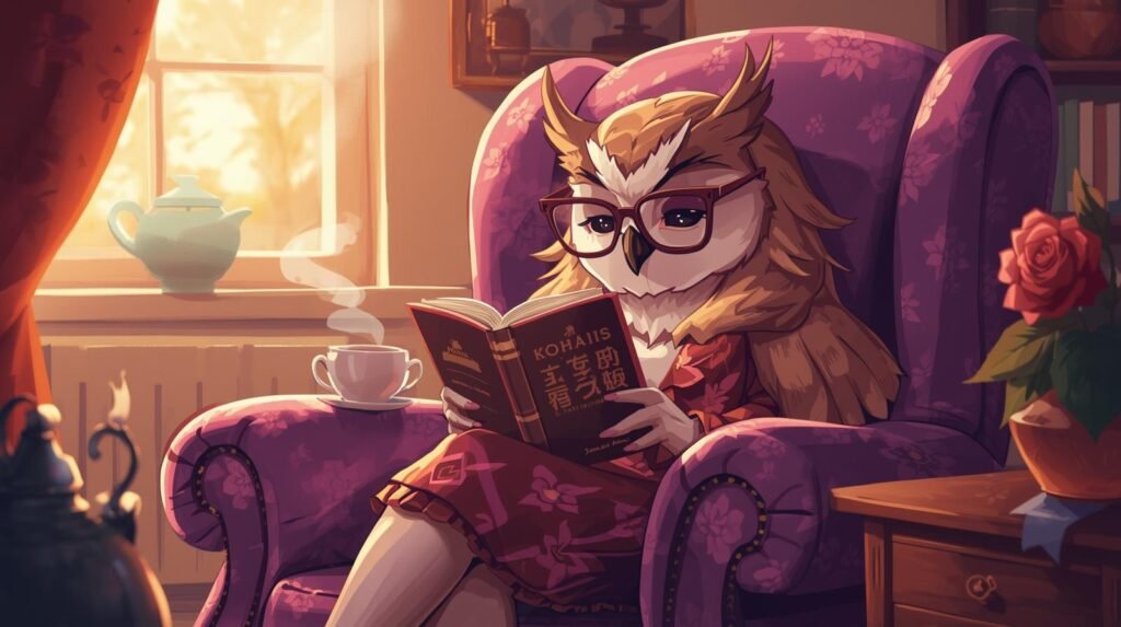 Coruja mascote do Portal 60mais lendo um livro com foco e tranquilidade, representando saúde mental para idosos.