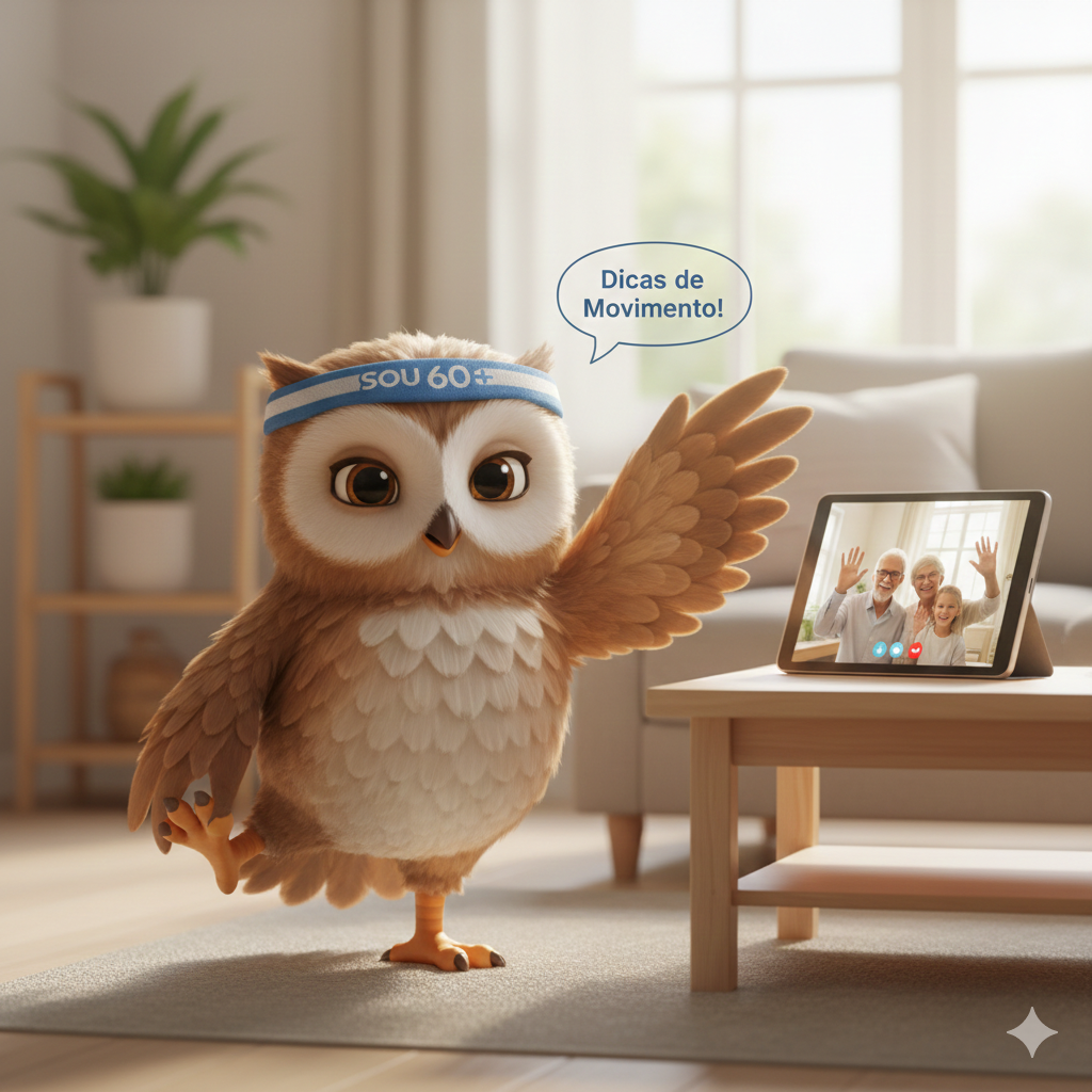 Coruja mascote do 60mais usando faixa de exercícios e incentivando a vida ativa.