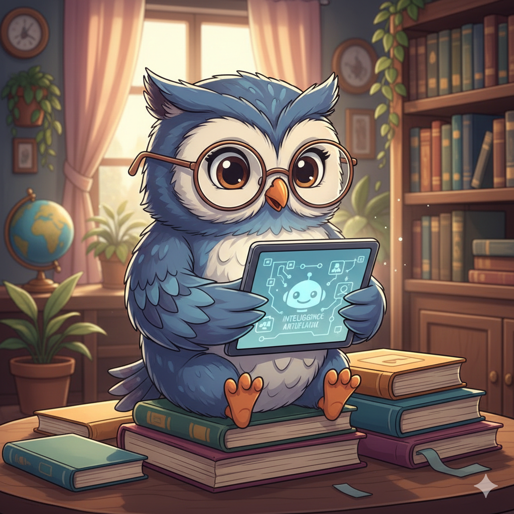 "Mascote coruja do 60mais.com aprendendo sobre inteligência artificial para manter a mente ativa".