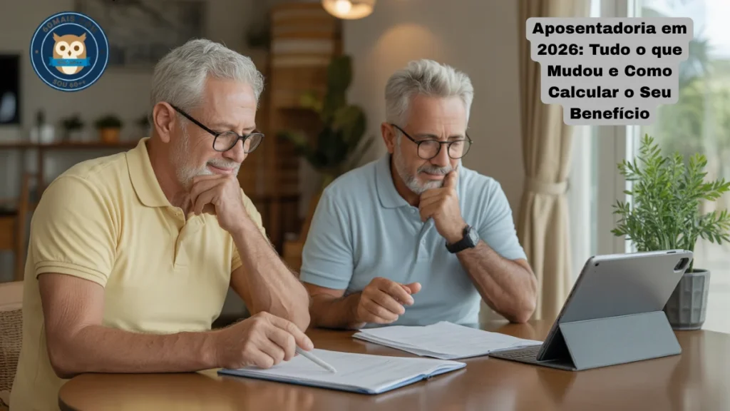 idosos sorrindo, sentados à mesa com documentos e um tablet aberto no site gov.br.
