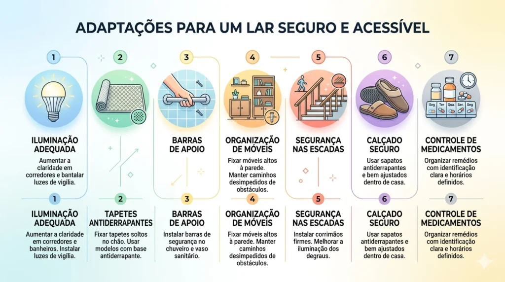 "Infográfico limpo com 7 ícones representando as adaptações: lâmpada, tapete, barra de apoio, móvel, escada, sapato, medicamento. Fundo claro, tons suaves