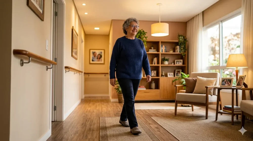 "Fotografia realista de um idoso sorridente caminhando com segurança em uma sala de estar adaptada.