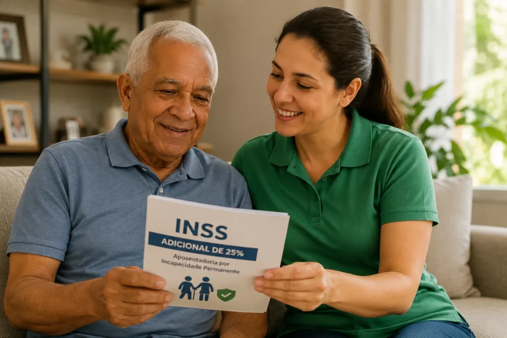Idoso aposentado recebe orientação sobre o adicional de 25% do INSS por necessidade de assistência permanente