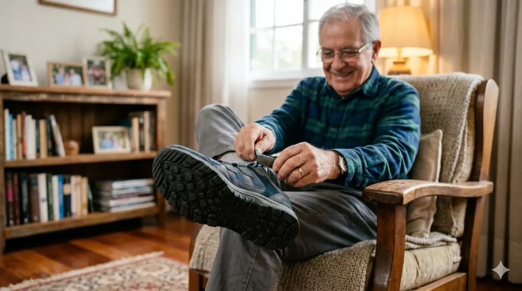"Fotografia de um idoso calçando um tênis com velcro, sentado em uma cadeira. Destaque para o solado antiderrapante. Ambiente doméstico aconchegante.
