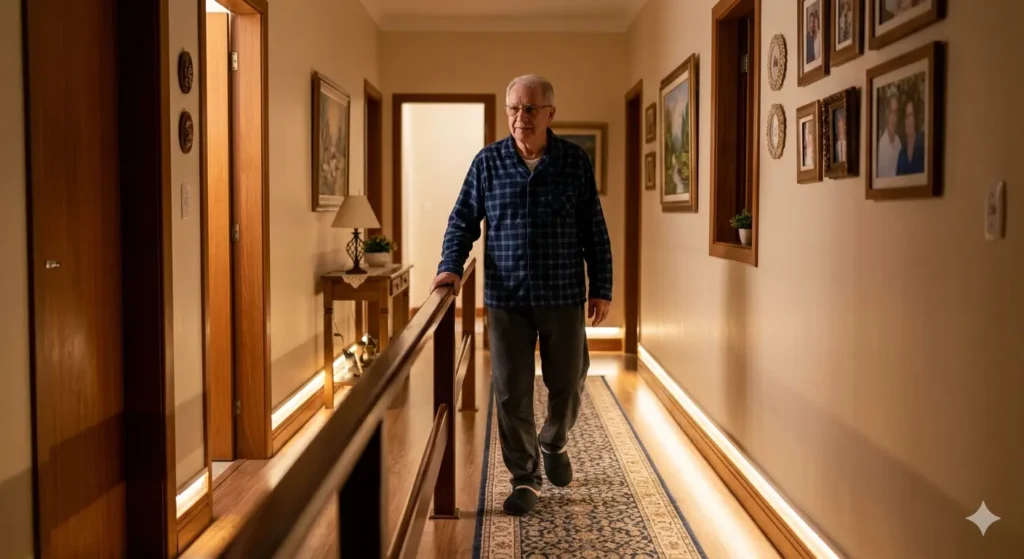 "Fotografia realista de um corredor residencial iluminado por luzes noturnas suaves no rodapé, com um idoso caminhando com segurança. Ambiente acolhedor, tons quentes
