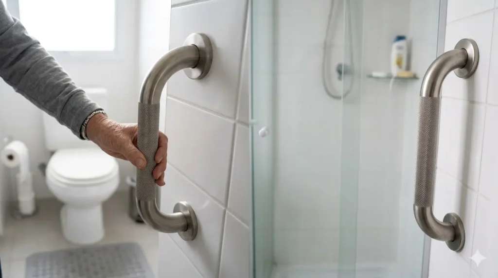 *"Close-up de barras de apoio instaladas ao lado do vaso sanitário e dentro do box, com foco na textura antiderrapante. Ambiente limpo, seguro, iluminação natura