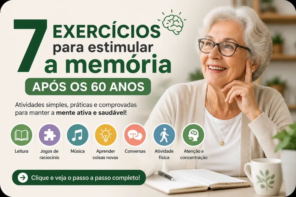 Idosa sorrindo em banner sobre exercícios para estimular a memória após os 60 anos.