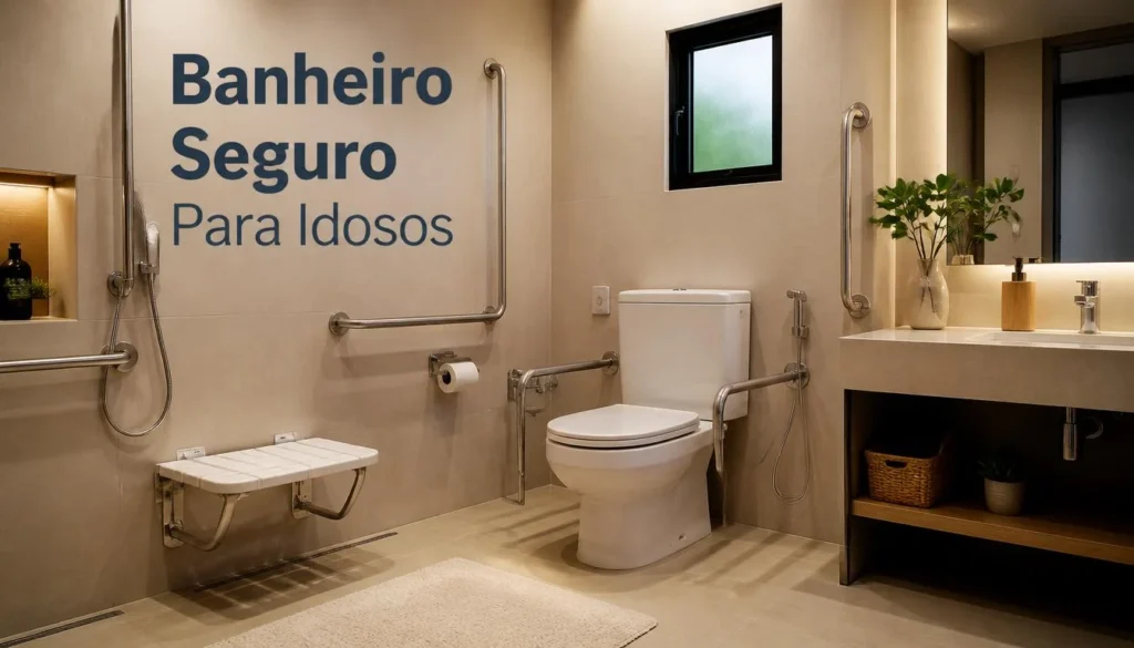 Banheiro adaptado para idosos com barras de apoio e piso antiderrapante.