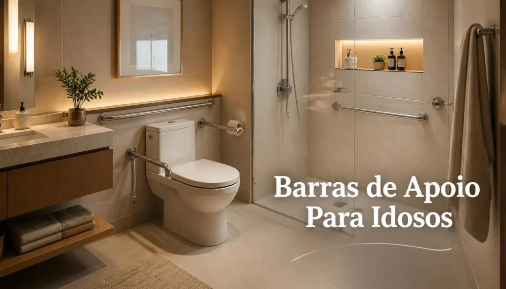 Banheiro adaptado com barras de apoio para idosos.