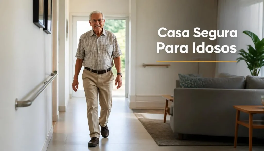 Idoso caminhando com segurança dentro de casa adaptada.