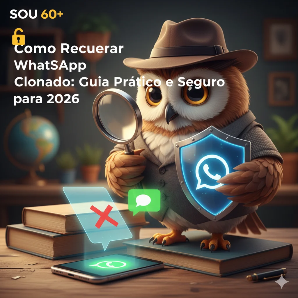 FIGURA USANDO UMA LUPA E UM CELULAR DEMONSTRANDO CUIDADO AO USAR O WHATSAPP