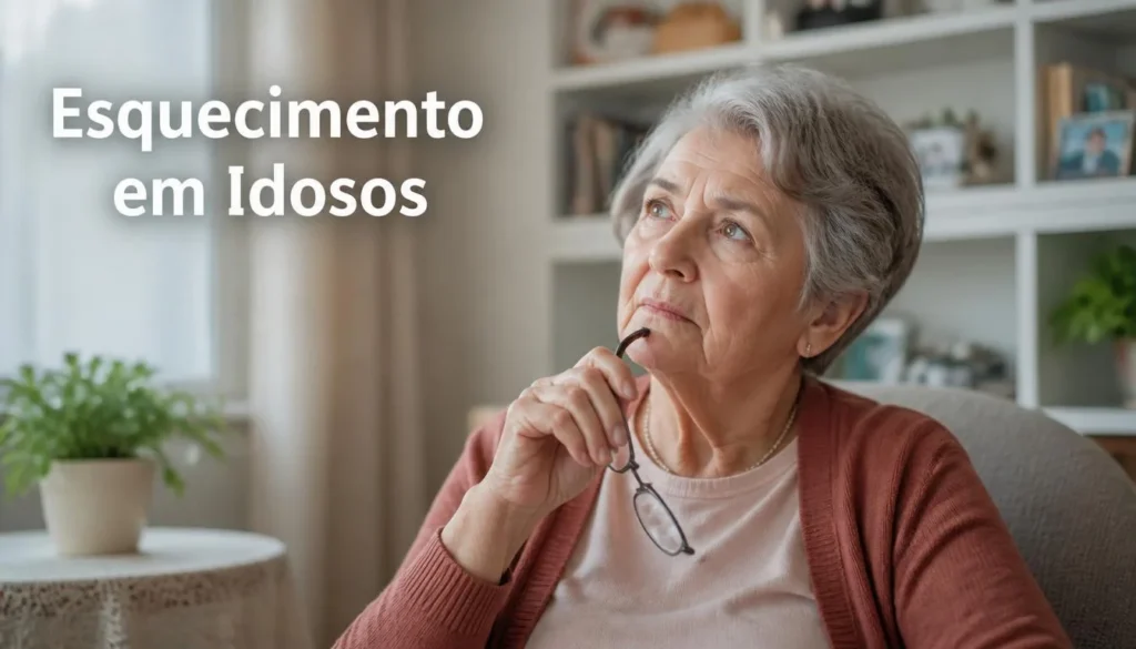 Idosa pensativa tentando lembrar de algo dentro de casa.