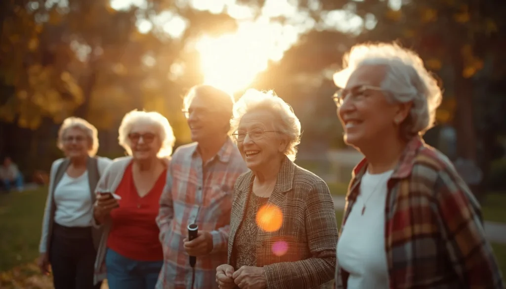 Fotografia de estilo editorial de um grupo diversificado de idosos ativos e sorridentes em um parque