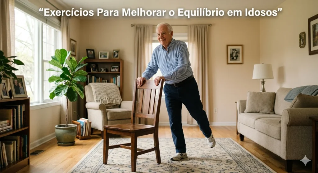 Idoso realizando exercício de equilíbrio com apoio de cadeira dentro de casa.