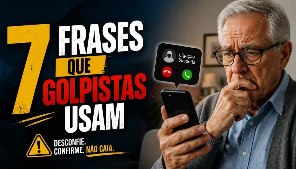 igação suspeita chegando no celular de idoso enquanto ele demonstra preocupação.