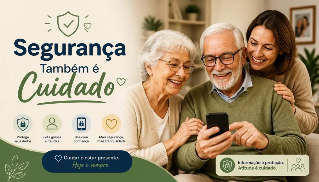mostrando casal de idosos usando celular com segurança ao lado de familiar sorrindo