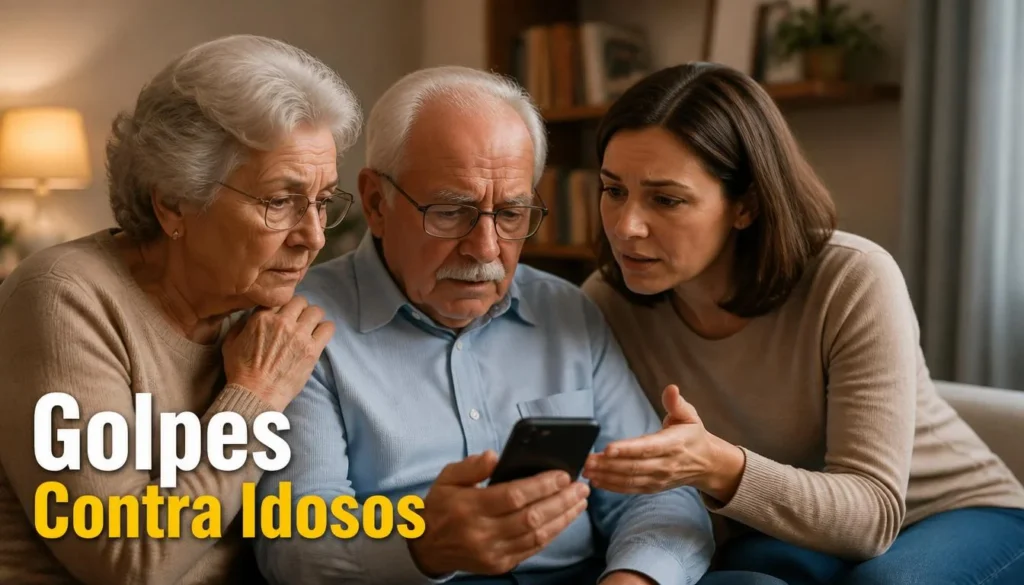 Casal de idosos preocupado olhando mensagens no celular.