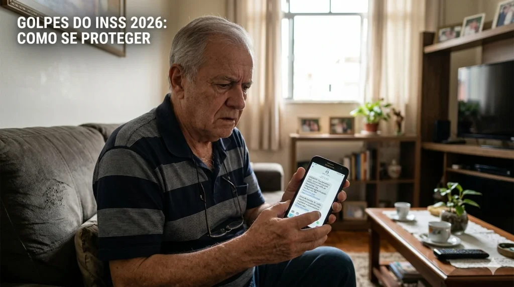 Idoso analisando mensagens suspeitas no celular sobre golpes do INSS em 2026