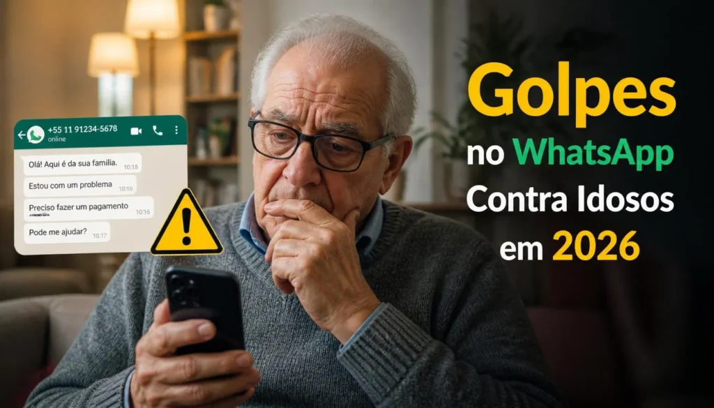 Idoso verificando mensagens suspeitas no WhatsApp em um celular.