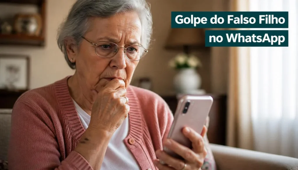 Idosa olhando mensagem suspeita no WhatsApp pedindo dinheiro.