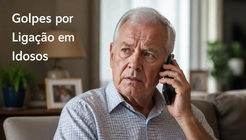 Idoso atendendo ligação suspeita no celular dentro de casa.