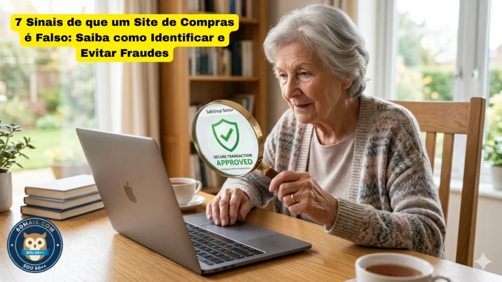 "Mulher idosa usando lupa para verificar a segurança de um site de compras em um notebook, com ícone de checkmark verde de site confiável."