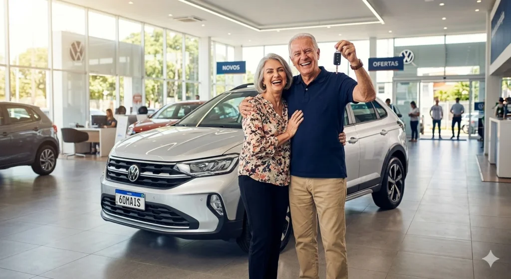 Casal da terceira idade feliz e orgulhoso posando em frente a um carro prateado zero quilômetro dentro de uma concessionária moderna