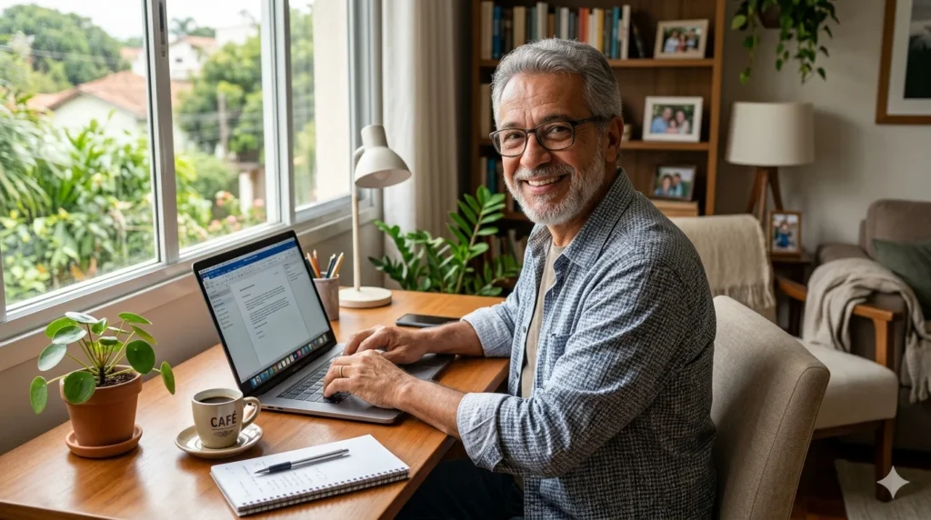 Homem na faixa dos 60 anos sorrindo enquanto usa um notebook em uma sala iluminada, simbolizando o trabalho em casa na maturidade.