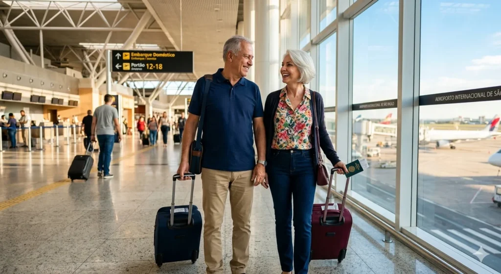 Casal de idosos brasileiros sorrindo e caminhando com malas de viagem dentro de um terminal de aeroporto moderno e iluminado, representando o direito a viagens gratuitas para a terceira idade.