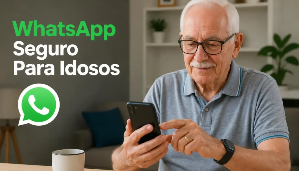 Idoso configurando segurança do WhatsApp no celular.