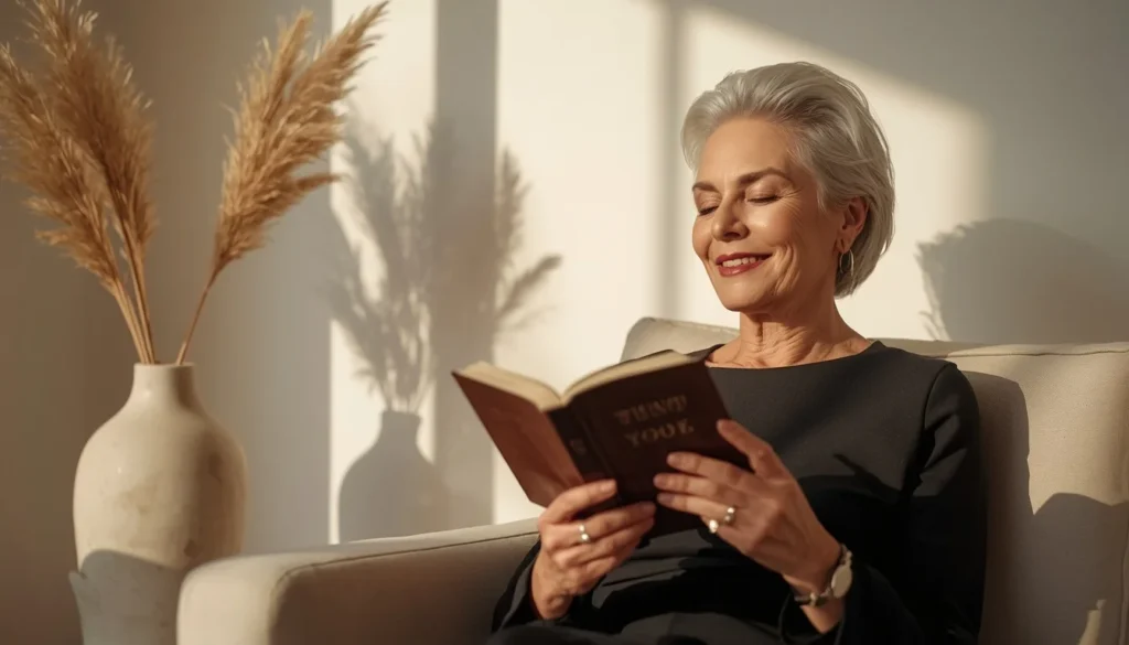 Mulher madura de cabelos grisalhos sorrindo enquanto lê um livro em uma sala iluminada pelo sol.