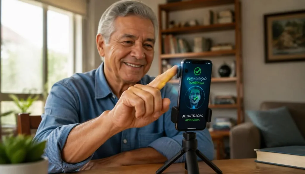 Idoso sorridente utilizando smartphone para realizar cadastro de biometria digital facial com segurança.