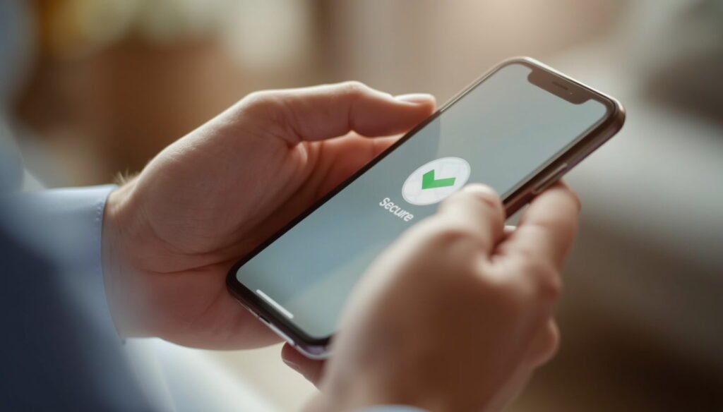 Foto em plano detalhe das mãos de uma pessoa idosa segurando um smartphone que exibe um aplicativo seguro com um ícone de confirmação verde.
