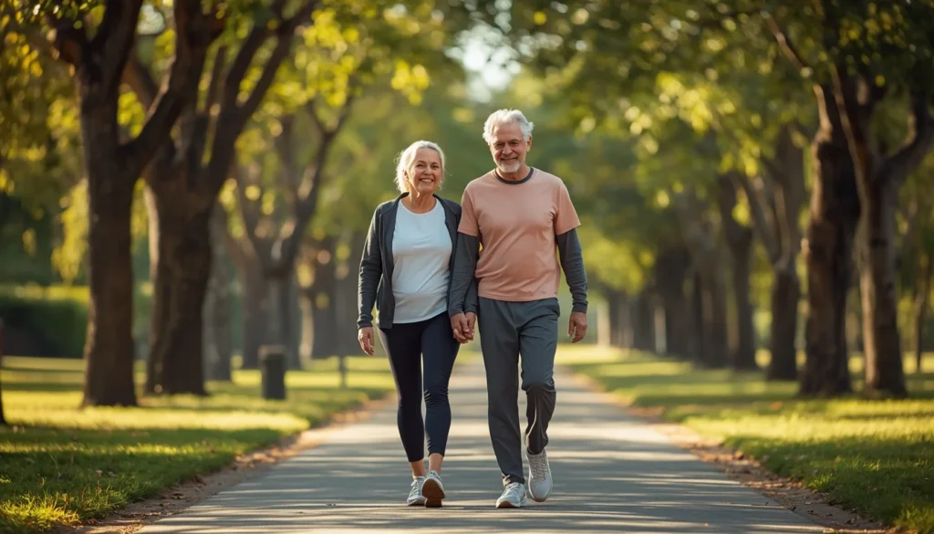 Casal de idosos sorrindo durante caminhada na terceira idade em um parque ensolarado.