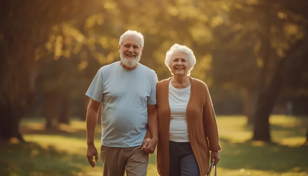 Casal maduro sorridente praticando caminhada matinal em um parque ensolarado.
