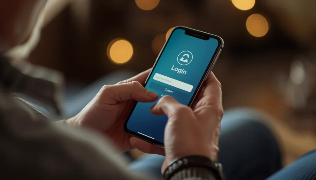 Mãos de uma pessoa idosa segurando um celular com uma tela de login digital, representando o acesso ao Gov.br.