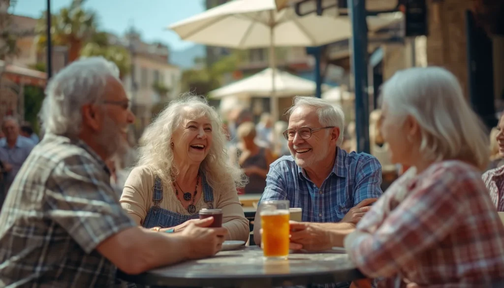 Grupo de amigos idosos sorrindo e conversando em um café ao ar livre, destacando a importância da socialização para idosos.