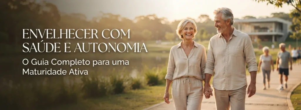 um casal ativo, elegante e feliz, caminhando em um ambiente seguro e acolhedor.