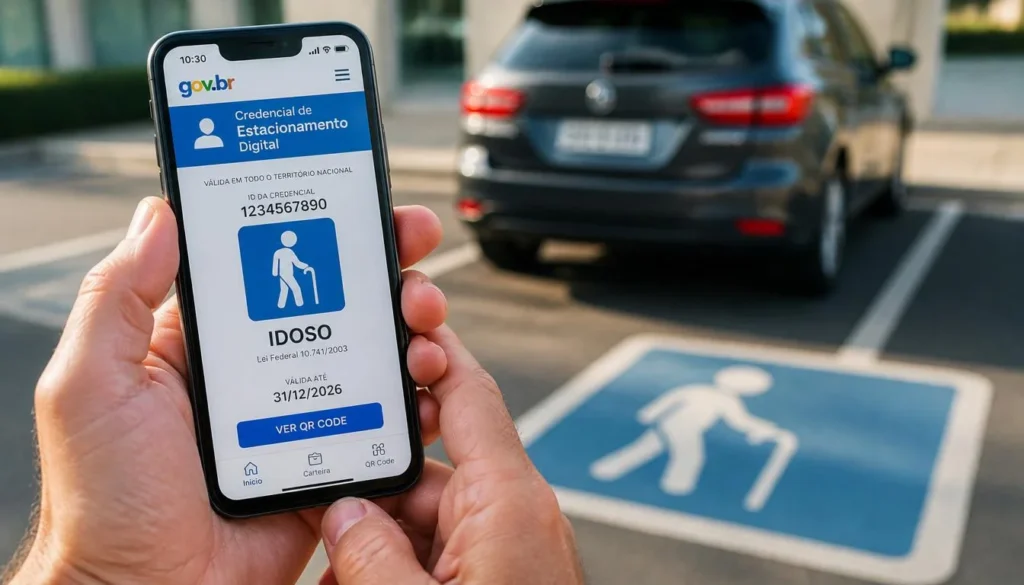 Visão em close de um smartphone exibindo a credencial digital de estacionamento para idoso no aplicativo oficial, com um carro ao fundo.