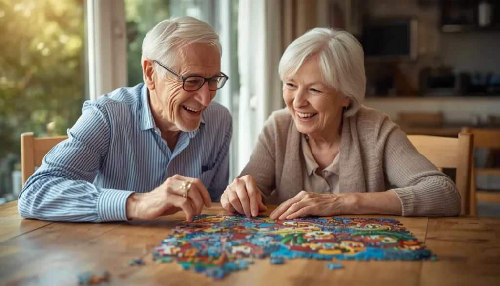 Casal de idosos sorrindo enquanto monta um quebra-cabeça, praticando ginástica cerebral para a terceira idade.
