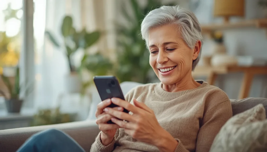 Idosa sorrindo enquanto usa o celular com segurança na sala de estar, representando a inclusão digital na terceira idade.