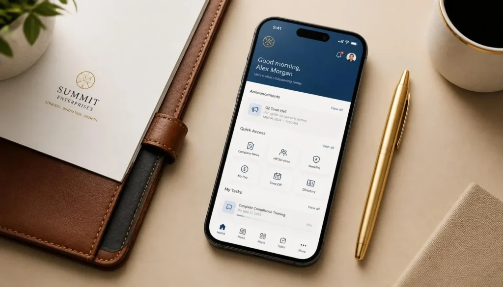 Celular moderno sobre mesa de escritório bege claro, ao lado de uma caneta dourada e pasta de documentos, transmitindo organização e segurança.