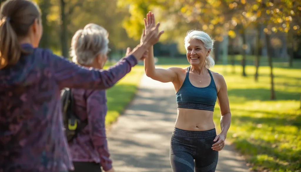 Mulheres maduras e amigas se motivando durante uma caminhada matinal no parque.