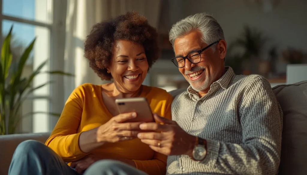Casal de idosos modernos da Geração NOLT sorrindo e usando o celular juntos em uma sala iluminada.
