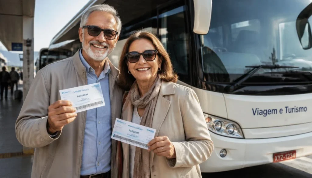 Idosos sorrindo segurando passagens de viagem em frente a um ônibus de turismo, representando o direito à viagem gratuita para idosos.