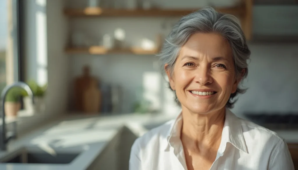 Mulher madura, radiante e com cabelos brancos, sorrindo de forma natural em um ambiente iluminado, representando autocuidado após os 60 anos.