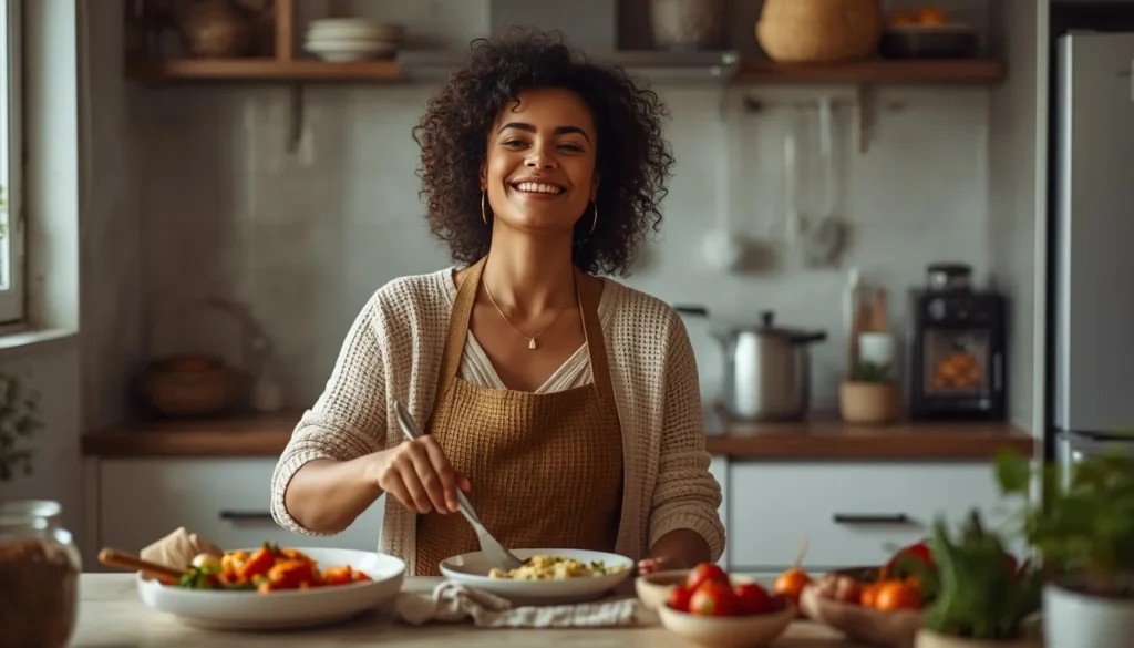Mulher madura preparando alimentação saudável para apoiar a produção de colágeno
