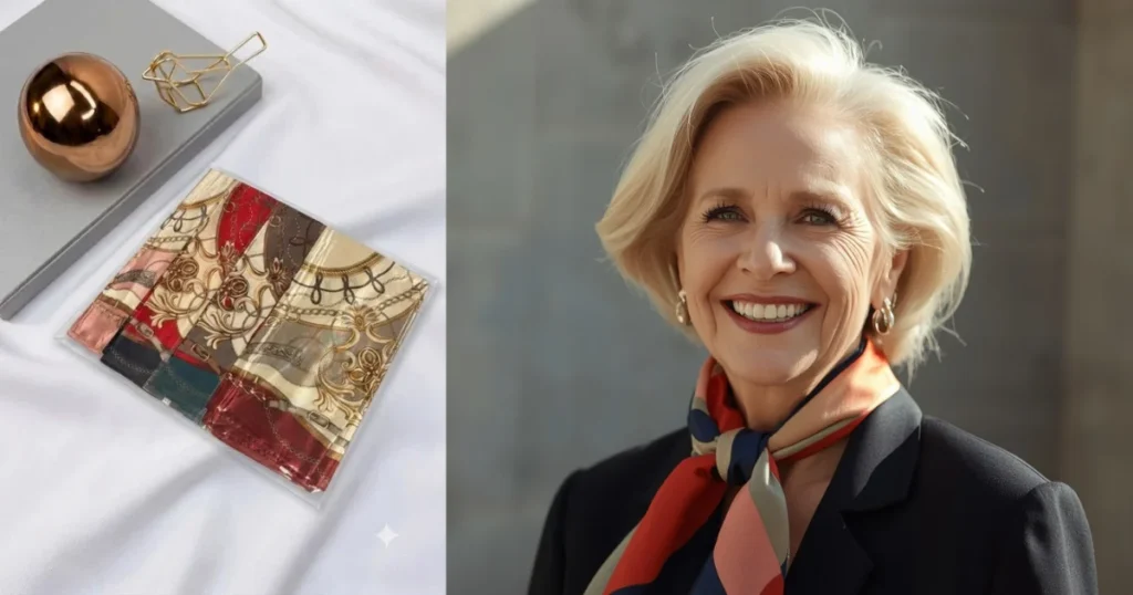 Mulher com mais de 60 anos com lenço no pescoço exibindo elegancia
